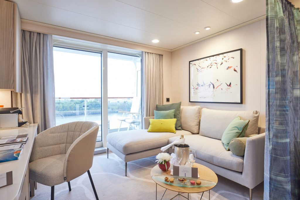 the living space of a suite on board ms europa, refitted by trimline