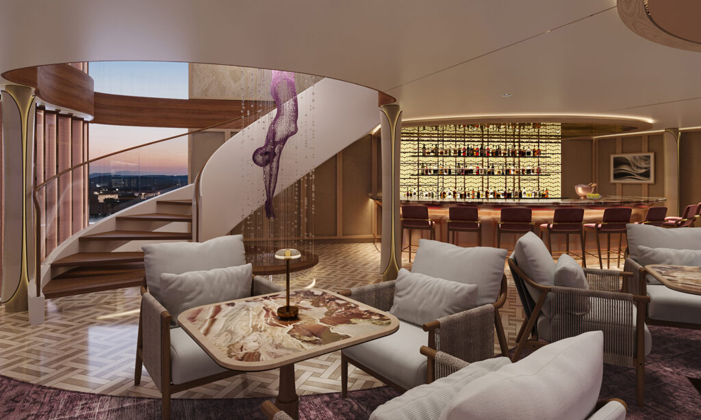 An artists impression of one of the lounges onboard the river cruise ships, featuring a bar and spiral atrium staircase
