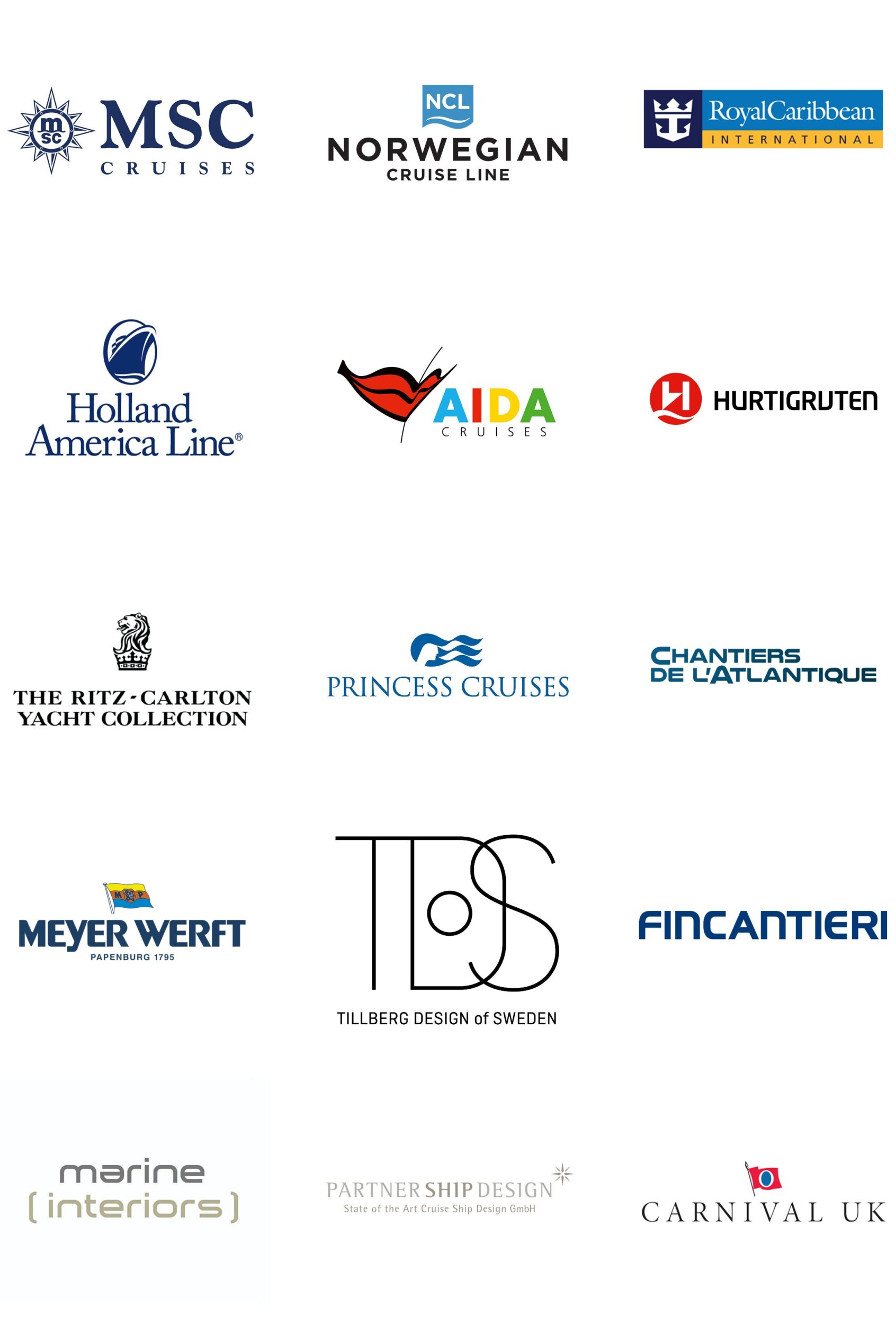 MSC Cruises, Norwegian Cruise Line, Royal Caribbean, Holland America Line, AIDA Cruises, Hurtigruten, The Ritz-Carlton Yacht Collection, Princess Cruises, Chantiers De L'Atlantique, Meyer Werft, Tillberg Design of Sweden, Fincantieri, Marine Interiors, Partner Ship Design, Carnival Uk