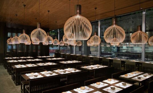 secto design lampshades illuminating a restaurant interior